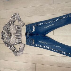Two Piece Black/Silver Denim Rhinestone Pearl Set
